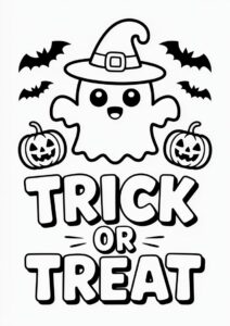 Ghost In Witch Hat With Jack O Lanterns Trick Or Treat Coloring Page 1