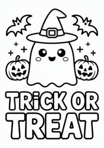 Ghost In Witch Hat With Jack O Lanterns Trick Or Treat Coloring Page 2