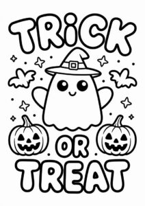 Ghost In Witch Hat With Jack O Lanterns Trick Or Treat Coloring Page 3