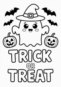 Ghost In Witch Hat With Jack O Lanterns Trick Or Treat Coloring Page 4