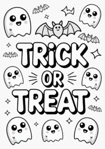 Simple Trick Or Treat Coloring Page Greeting With Cute Ghosts And Bats 1