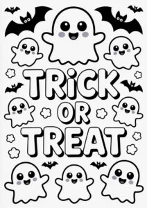 Simple Trick Or Treat Coloring Page Greeting With Cute Ghosts And Bats 2