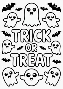 Simple Trick Or Treat Coloring Page Greeting With Cute Ghosts And Bats 3