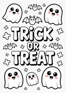 Simple Trick Or Treat Coloring Page Greeting With Cute Ghosts And Bats 4