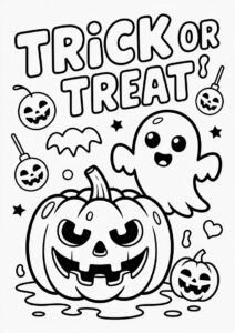 Slimy Trick Or Treat Coloring Page Greeting With Jack O Lantern And Ghost 1