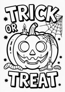 Trick Or Treat Coloring Page Jack O Lantern With Worms Candle And Spiders Web 1