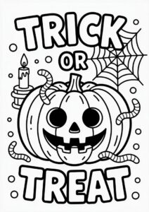 Trick Or Treat Coloring Page Jack O Lantern With Worms Candle And Spiders Web 4