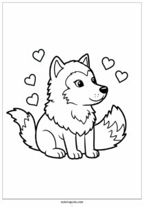 close up of fluffy wolf coloring page with hearts for kids 1