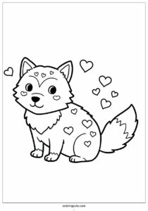 close up of fluffy wolf coloring page with hearts for kids 2