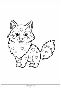 close up of fluffy wolf coloring page with hearts for kids 4