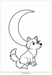 cute cartoon wolf coloring page under crescent moon for kids 1