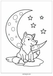 cute cartoon wolf coloring page under crescent moon for kids 3