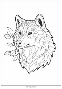 detailed head of wolf coloring page with leafy background 2