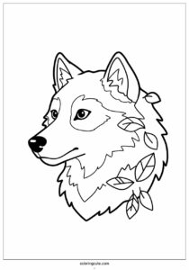 detailed head of wolf coloring page with leafy background 3