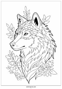detailed head of wolf coloring page with leafy background 4