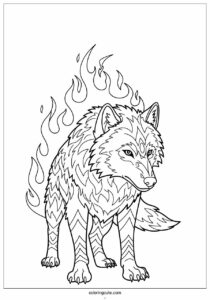 fierce adult wolf coloring page with flames 1