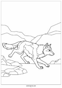running wolf coloring page in rocky terrain 1