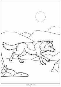 running wolf coloring page in rocky terrain 3