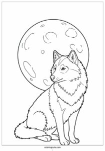 simple wolf coloring page outline on a full moon for kids 2