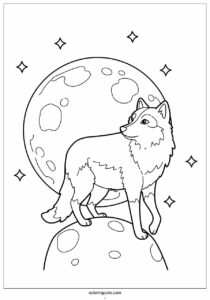 simple wolf coloring page outline on a full moon for kids 3