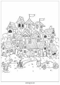 winter coloring page of wonderland town 2