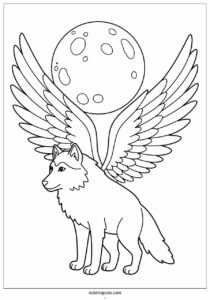 wolf coloring page with angel wings on a full moon 1