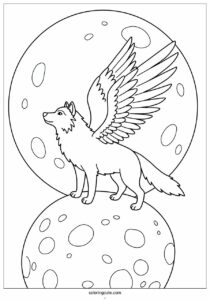 wolf coloring page with angel wings on a full moon 2