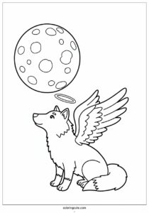 wolf coloring page with angel wings on a full moon 3