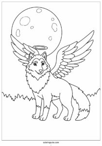 wolf coloring page with angel wings on a full moon 4