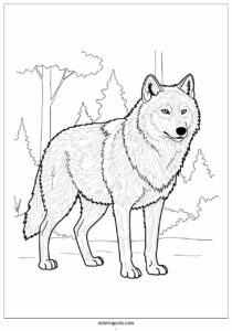 wolf coloring page with detailed fur standing in the forest 1