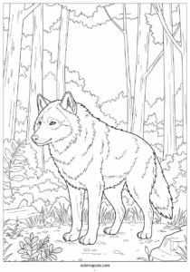 wolf coloring page with detailed fur standing in the forest 2