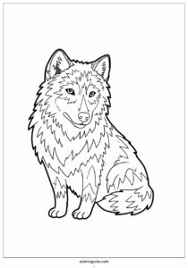 wolf coloring page with detailed fur standing in the forest 3