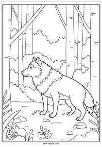 wolf coloring page with detailed fur standing in the forest 4