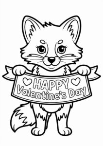 Adorable Fox Holding Up A Love Heart Banner Valentines Day Coloring Page For Kids 1