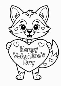 Adorable Fox Holding Up A Love Heart Banner Valentines Day Coloring Page For Kids 2