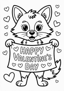 Adorable Fox Holding Up A Love Heart Banner Valentines Day Coloring Page For Kids 3