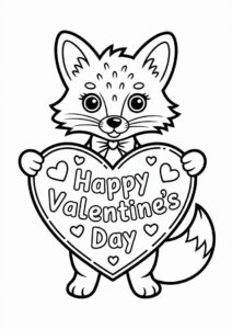 Adorable Fox Holding Up A Love Heart Banner Valentines Day Coloring Page For Kids 4