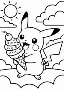 Adorable Pikachu Licking An Ice Cream Coloring Page For Kids 1
