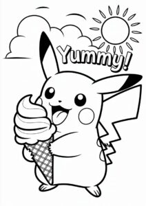 Adorable Pikachu Licking An Ice Cream Coloring Page For Kids 10