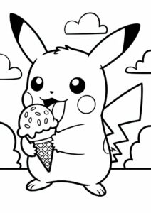 Adorable Pikachu Licking An Ice Cream Coloring Page For Kids 11
