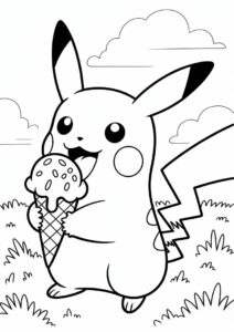 Adorable Pikachu Licking An Ice Cream Coloring Page For Kids 2