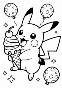 Adorable Pikachu Licking An Ice Cream Coloring Page For Kids 3