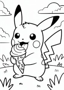 Adorable Pikachu Licking An Ice Cream Coloring Page For Kids 4