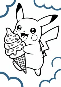 Adorable Pikachu Licking An Ice Cream Coloring Page For Kids 6
