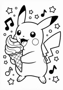 Adorable Pikachu Licking An Ice Cream Coloring Page For Kids 7