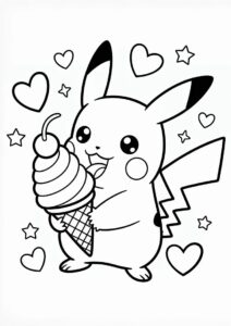 Adorable Pikachu Licking An Ice Cream Coloring Page For Kids 8