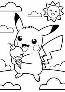 Adorable Pikachu Licking An Ice Cream Coloring Page For Kids 9