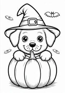 Adorable Puppy Wearing A Witch Hat While Hugging A Pumpkin Coloring Page 2