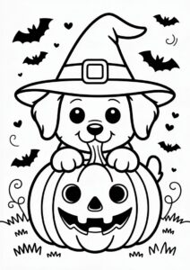 Adorable Puppy Wearing A Witch Hat While Hugging A Pumpkin Coloring Page 4