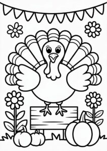 Adorable Turkey With Wooden Sign. Flowers And Pumpkins Coloring Page For Kids 1